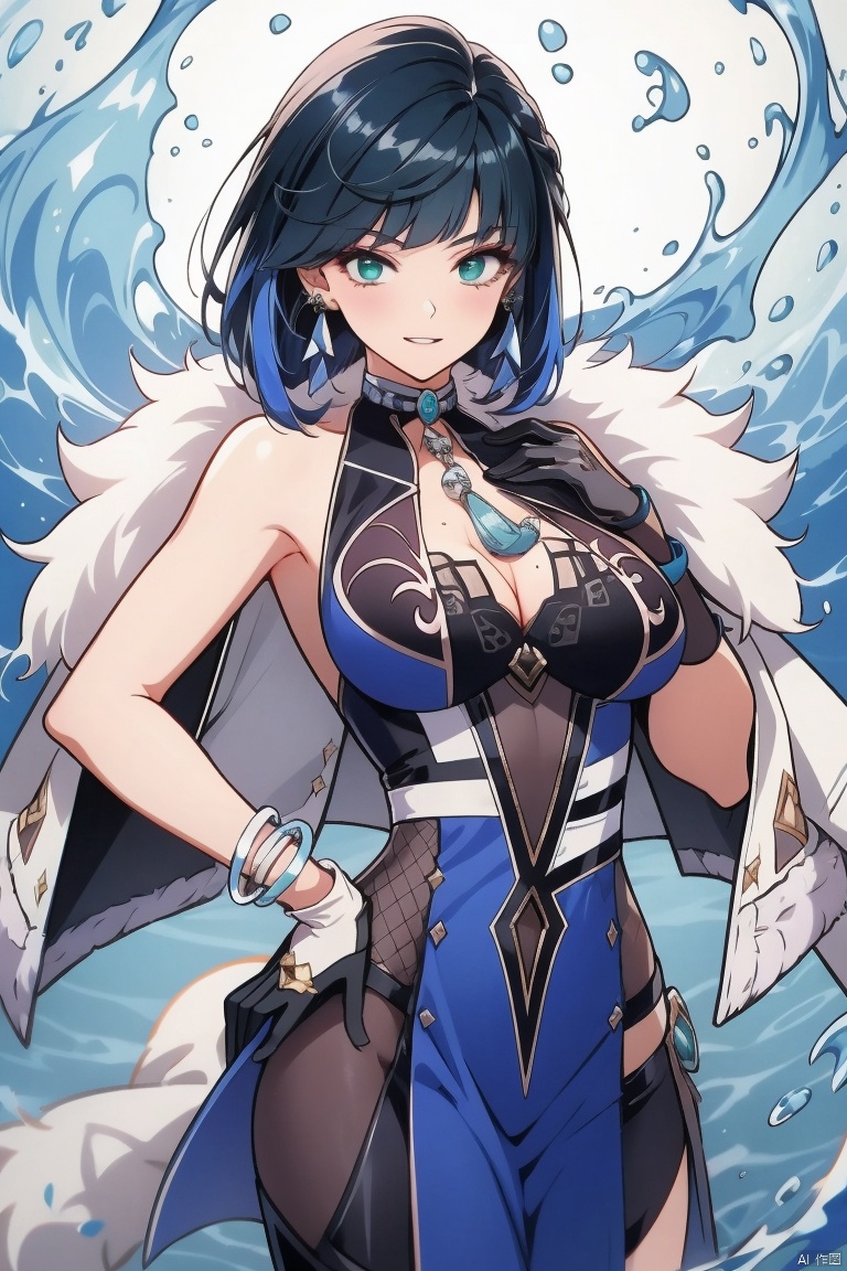 yelan, 1girl, yelan \(genshin impact\), breasts, solo, gloves, bangs, blue hair, short hair, cleavage, looking at viewer, hand on hip, large breasts, jewelry, mole, mole on breast, vision \(genshin impact\), fur trim, green eyes, bare shoulders, water, jacket, smile, earrings, white jacket, diagonal bangs, parted lips, jacket on shoulders, white gloves, dice, cowboy shot, bracelet, black gloves, blunt bangs, elbow gloves, bob cut, asymmetrical gloves, dress, blue dress, sleeveless, fur-trimmed jacket, hand on own chest, pelvic curtain