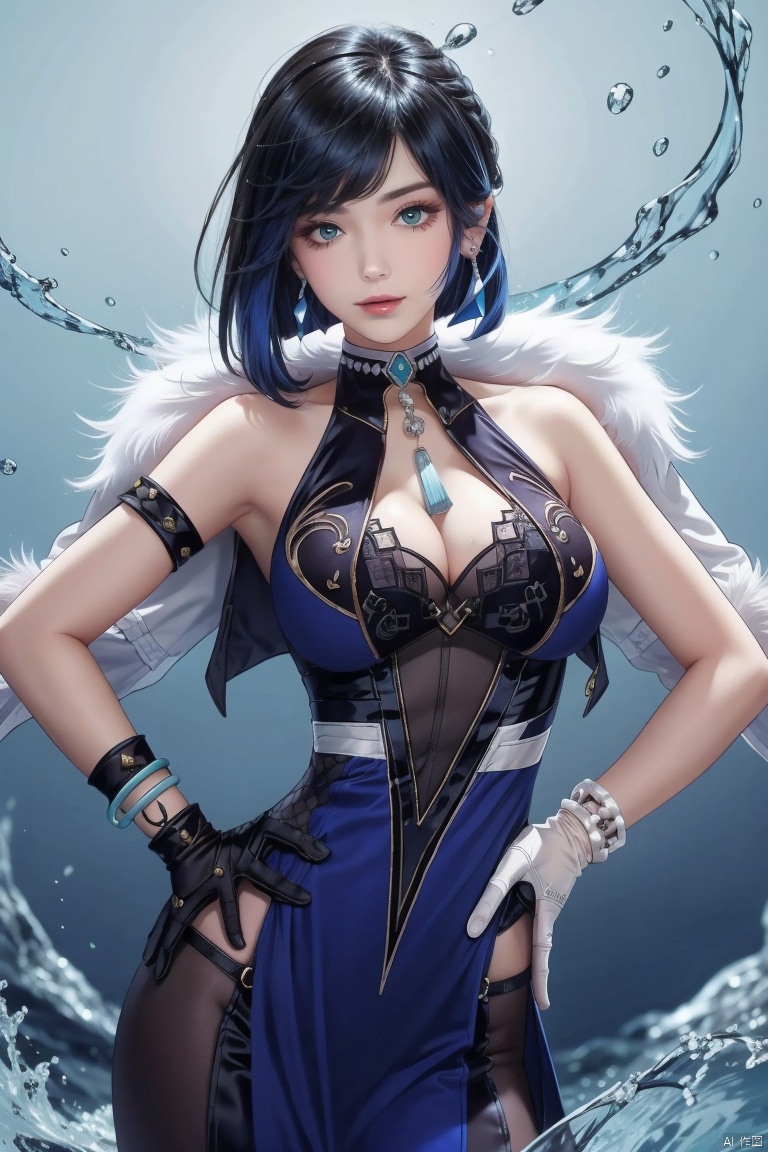 yelan, 1girl, yelan \(genshin impact\), breasts, solo, gloves, bangs, blue hair, short hair, cleavage, looking at viewer, hand on hip, large breasts, jewelry, mole, mole on breast, vision \(genshin impact\), fur trim, green eyes, bare shoulders, water, jacket, smile, earrings, white jacket, diagonal bangs, parted lips, jacket on shoulders, white gloves, dice, cowboy shot, bracelet, black gloves, blunt bangs, elbow gloves, bob cut, asymmetrical gloves, dress, blue dress, sleeveless, fur-trimmed jacket, hand on own chest, pelvic curtain