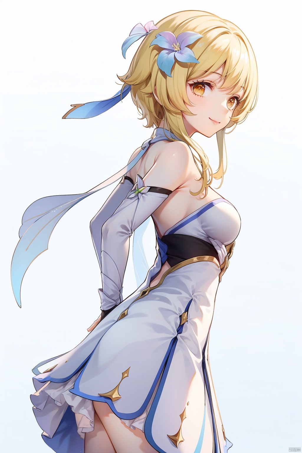 lumine, 1girl, lumine \(genshin impact\), hair flower, hair ornament, flower, blonde hair, solo, dress, yellow eyes, white dress, smile, looking at viewer, arms behind back, breasts, bangs, short hair with long locks, detached sleeves, bare shoulders, simple background, sidelocks, gloves, white flower, white background