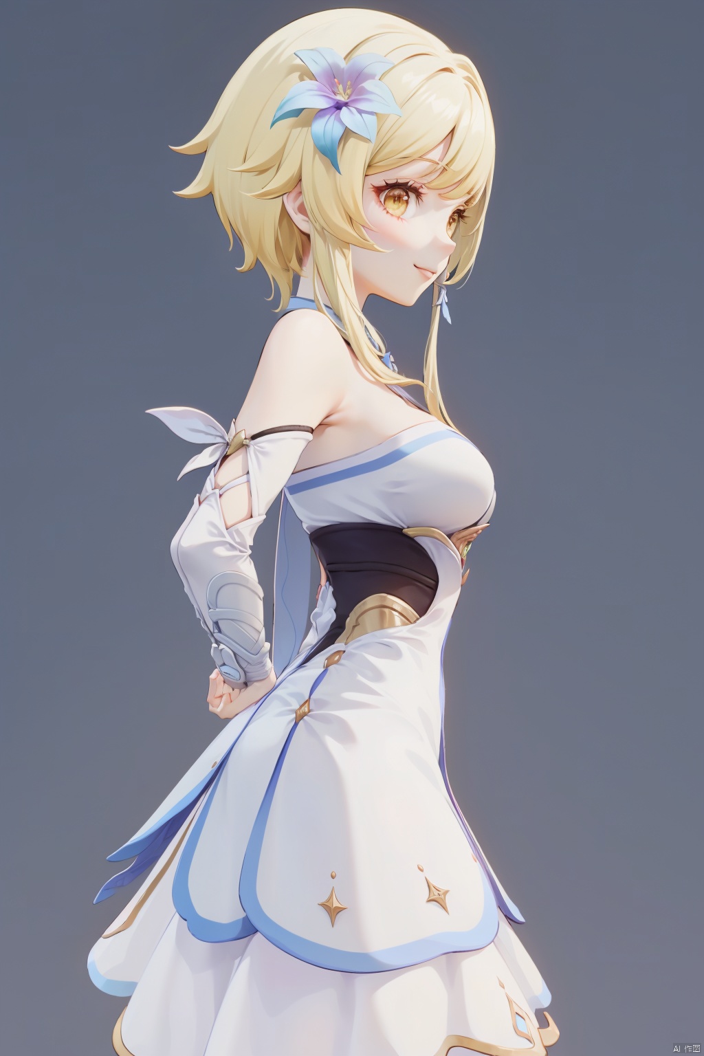 lumine, 1girl, lumine \(genshin impact\), hair flower, hair ornament, flower, blonde hair, solo, dress, yellow eyes, white dress, smile, looking at viewer, arms behind back, breasts, bangs, short hair with long locks, detached sleeves, bare shoulders, simple background, sidelocks, gloves, white flower, white background