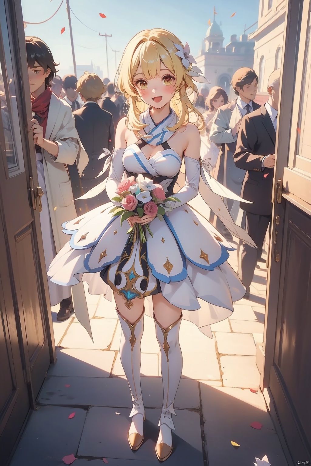 lumine, lumine \(genshin impact\), flower, blonde hair, breasts, white dress, smile, hair ornament, dress, hair flower, cleavage, yellow eyes, bangs, bare shoulders, holding, open mouth, 1girl, thighhighs, thigh boots, looking at viewer, bird, short hair with long locks, detached sleeves, :d, hair between eyes, bouquet, medium breasts, outdoors, white scarf, solo focus, sidelocks, boots, blush, standing, petals, red flower, feathers, scarf
