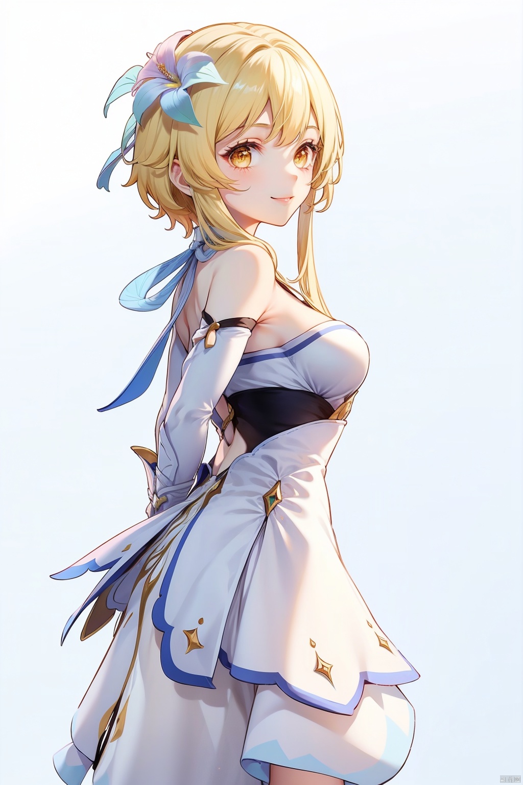 lumine, 1girl, lumine \(genshin impact\), hair flower, hair ornament, flower, blonde hair, solo, dress, yellow eyes, white dress, smile, looking at viewer, arms behind back, breasts, bangs, short hair with long locks, detached sleeves, bare shoulders, simple background, sidelocks, gloves, white flower, white background