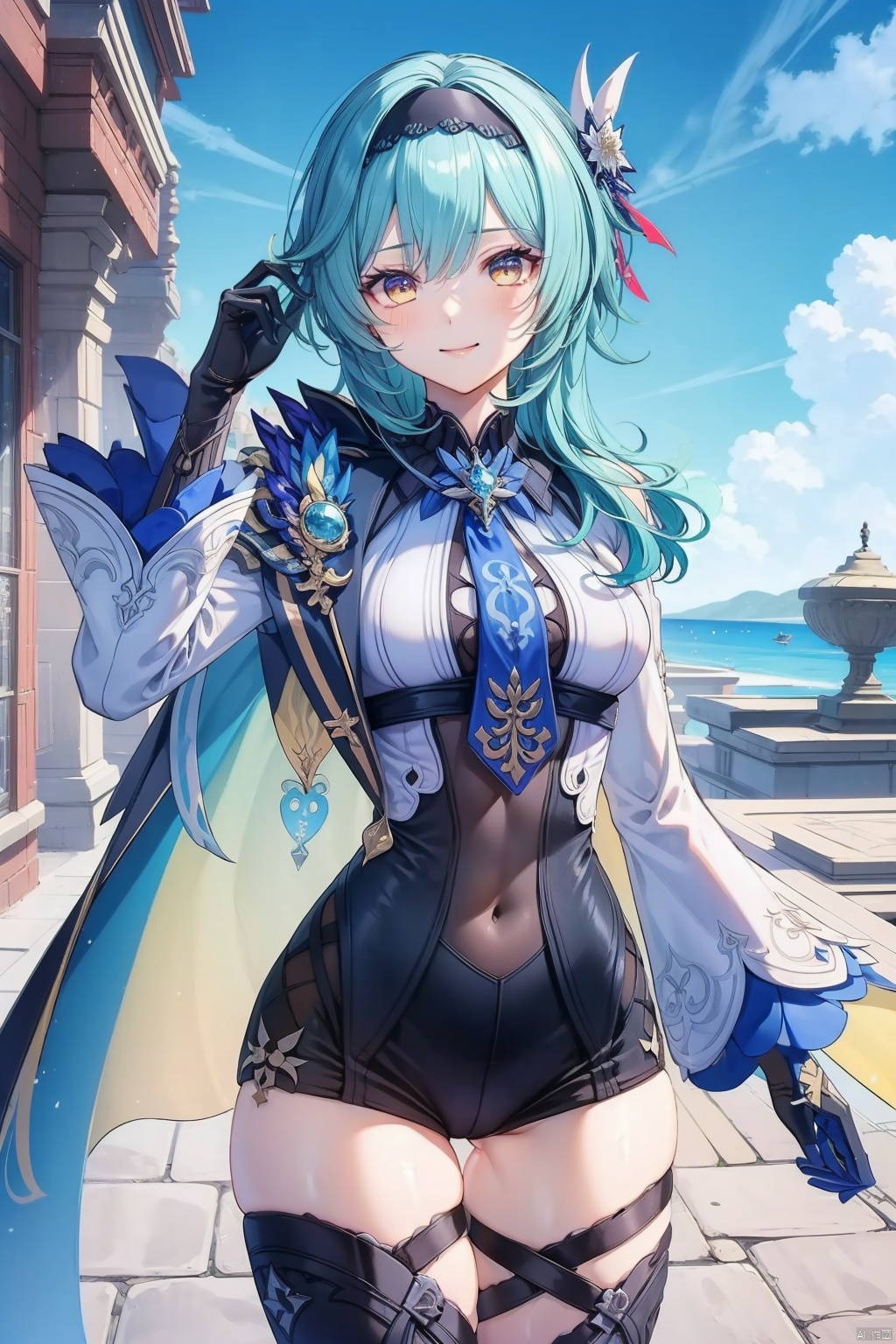 eula, 1girl, eula \(genshin impact\), solo, blue hair, thighhighs, breasts, smile, looking at viewer, hairband, necktie, gloves, thighs, blue necktie, sky, cape, long sleeves, yellow eyes, black hairband, blue sky, leotard, bangs, medium hair, outdoors, blue cape, hair ornament, blush, black thighhighs, medium breasts, black leotard, cowboy shot, closed mouth, hand up, cloud, day, thick thighs