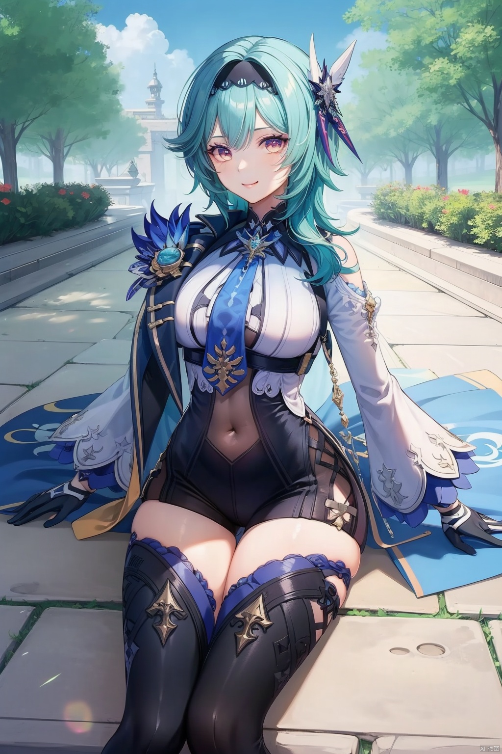 eula, 1girl, eula \(genshin impact\), solo, blue hair, breasts, looking at viewer, gloves, hairband, smile, necktie, hair ornament, long sleeves, thighhighs, black hairband, blue necktie, vision \(genshin impact\), bangs, medium hair, yellow eyes, thighs, cape, black gloves, large breasts, sky, medium breasts, outdoors, purple eyes, leotard, high-waist shorts, closed mouth