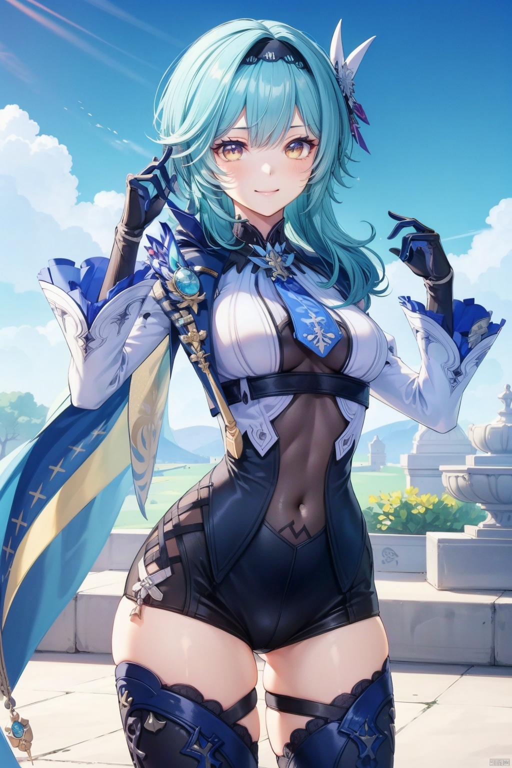 eula, 1girl, eula \(genshin impact\), solo, blue hair, thighhighs, breasts, smile, looking at viewer, hairband, necktie, gloves, thighs, blue necktie, sky, cape, long sleeves, yellow eyes, black hairband, blue sky, leotard, bangs, medium hair, outdoors, blue cape, hair ornament, blush, black thighhighs, medium breasts, black leotard, cowboy shot, closed mouth, hand up, cloud, day, thick thighs