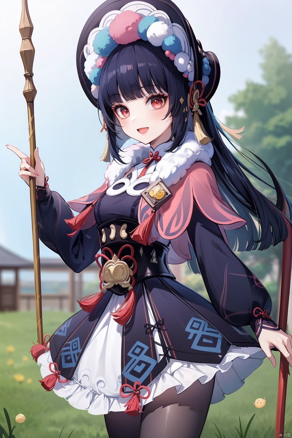 yunjin, 1girl, bangs, blunt bangs, smile, red eyes, pantyhose, long hair, blurry, looking at viewer, long sleeves, vision \(genshin impact\), dress, solo, :d, lolita fashion, blurry background, open mouth, holding, bonnet, capelet, purple pantyhose, weapon, black hair, tassel, holding weapon, depth of field, polearm, breasts, holding polearm, makeup, cowboy shot, hand up, hime cut, fur collar, sky, black corset, slime \(genshin impact\), purple hair, blush, corset, hat, sidelocks, frilled dress, frills, pom pom \(clothes\)