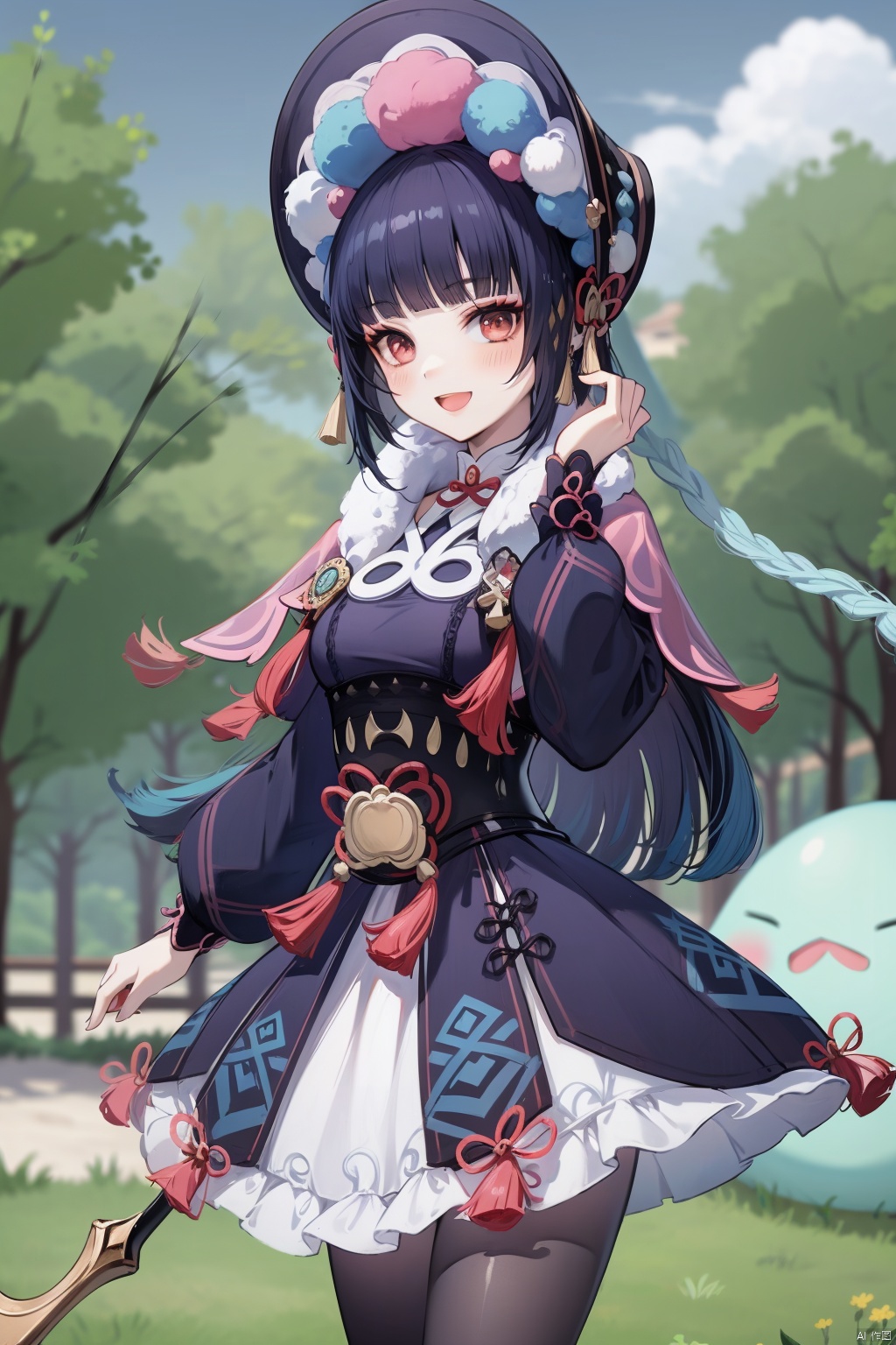 yunjin, 1girl, bangs, blunt bangs, smile, red eyes, pantyhose, long hair, blurry, looking at viewer, long sleeves, vision \(genshin impact\), dress, solo, :d, lolita fashion, blurry background, open mouth, holding, bonnet, capelet, purple pantyhose, weapon, black hair, tassel, holding weapon, depth of field, polearm, breasts, holding polearm, makeup, cowboy shot, hand up, hime cut, fur collar, sky, black corset, slime \(genshin impact\), purple hair, blush, corset, hat, sidelocks, frilled dress, frills, pom pom \(clothes\)