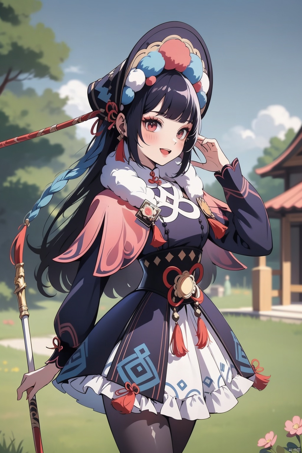 yunjin, 1girl, bangs, blunt bangs, smile, red eyes, pantyhose, long hair, blurry, looking at viewer, long sleeves, vision \(genshin impact\), dress, solo, :d, lolita fashion, blurry background, open mouth, holding, bonnet, capelet, purple pantyhose, weapon, black hair, tassel, holding weapon, depth of field, polearm, breasts, holding polearm, makeup, cowboy shot, hand up, hime cut, fur collar, sky, black corset, slime \(genshin impact\), purple hair, blush, corset, hat, sidelocks, frilled dress, frills, pom pom \(clothes\)