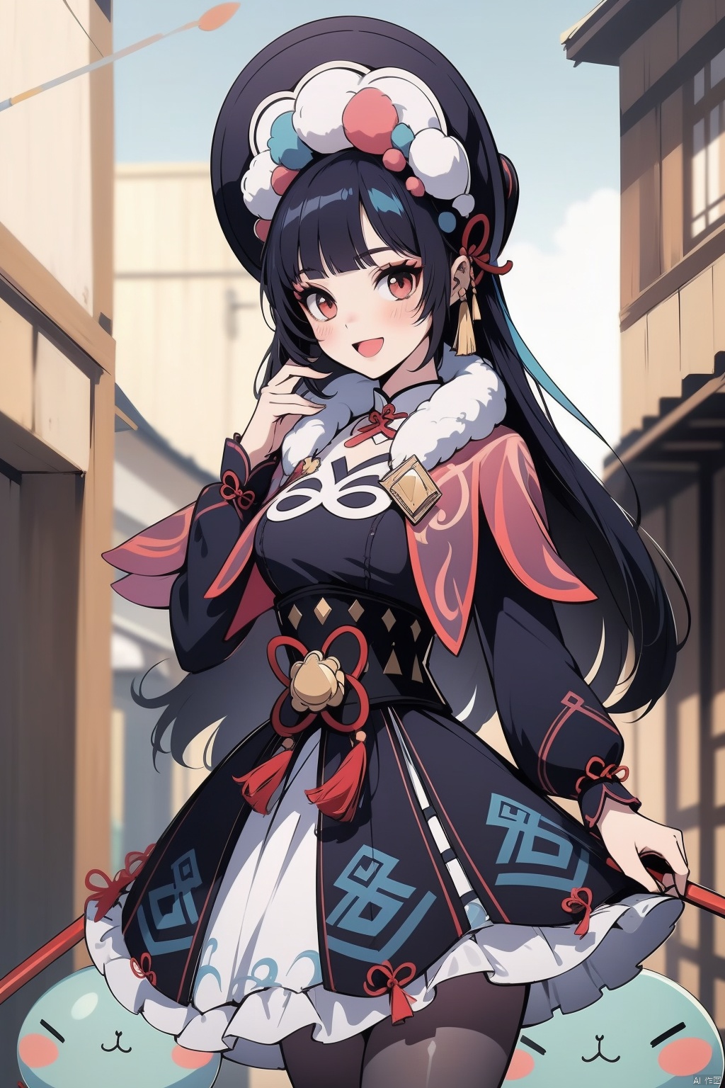 yunjin, 1girl, bangs, blunt bangs, smile, red eyes, pantyhose, long hair, blurry, looking at viewer, long sleeves, vision \(genshin impact\), dress, solo, :d, lolita fashion, blurry background, open mouth, holding, bonnet, capelet, purple pantyhose, weapon, black hair, tassel, holding weapon, depth of field, polearm, breasts, holding polearm, makeup, cowboy shot, hand up, hime cut, fur collar, sky, black corset, slime \(genshin impact\), purple hair, blush, corset, hat, sidelocks, frilled dress, frills, pom pom \(clothes\)