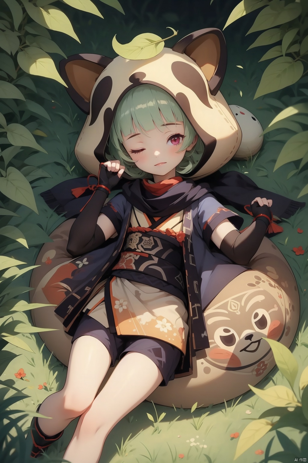 sayu, 1girl, daruma doll, leaf on head, fake tail, hood, animal hood, leaf, bangs, tail, gloves, raccoon ears, raccoon tail, blunt bangs, black gloves, one eye closed, fingerless gloves, japanese clothes, animal ears, lying, fake animal ears, looking at viewer, sidelocks, ninja, solo, short hair, scarf, short sleeves, grass, black scarf, on back, sash, purple eyes, tree, green hair, red eyes