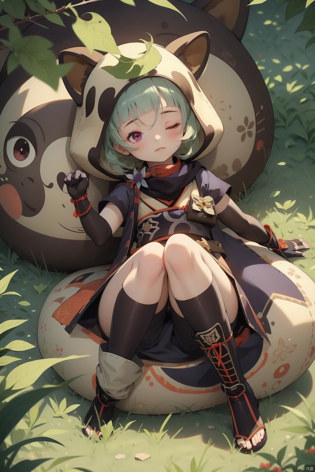 sayu, 1girl, daruma doll, leaf on head, fake tail, hood, animal hood, leaf, bangs, tail, gloves, raccoon ears, raccoon tail, blunt bangs, black gloves, one eye closed, fingerless gloves, japanese clothes, animal ears, lying, fake animal ears, looking at viewer, sidelocks, ninja, solo, short hair, scarf, short sleeves, grass, black scarf, on back, sash, purple eyes, tree, green hair, red eyes