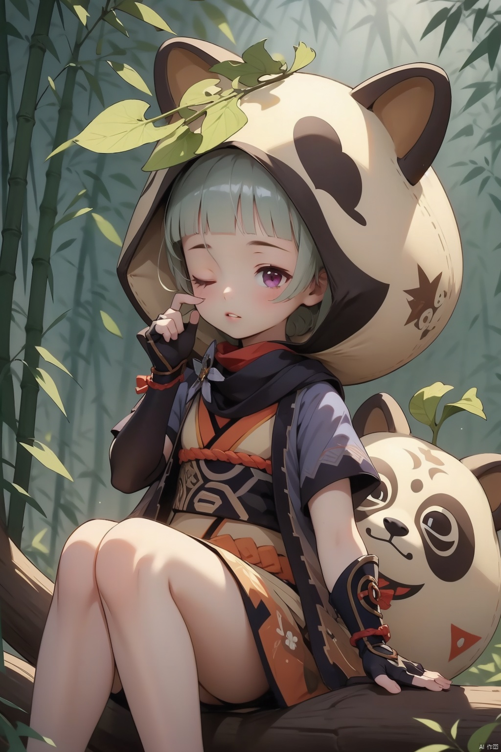 sayu, 1girl, daruma doll, leaf on head, nature, leaf, animal hood, forest, hood, short hair, raccoon ears, animal ears, fingerless gloves, one eye closed, gloves, bangs, sitting, tail, blunt bangs, black gloves, fake tail, solo, looking at viewer, japanese clothes, raccoon tail, fake animal ears, sleepy, bamboo, purple eyes, ninja, short sleeves, sidelocks, scarf, parted lips, outdoors, shuriken