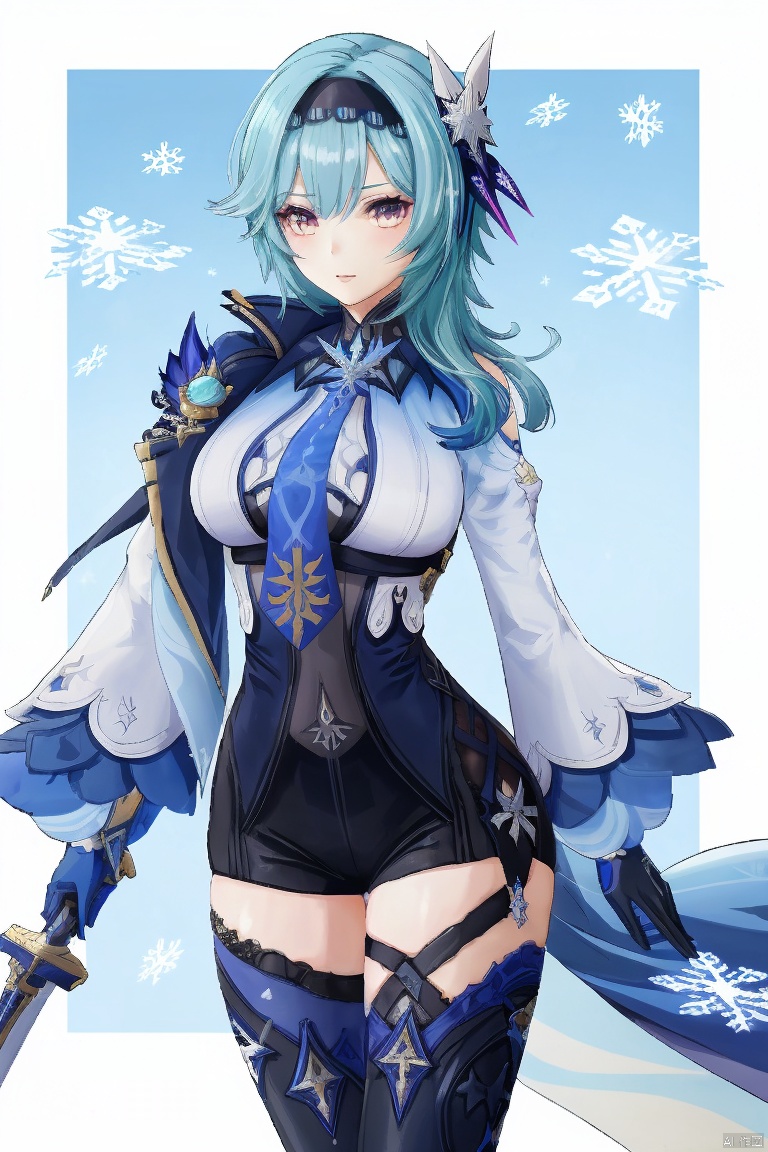 eula, 1girl, eula \(genshin impact\), breasts, solo, blue hair, thighhighs, hairband, gloves, looking at viewer, weapon, large breasts, snowflakes, necktie, black hairband, hair ornament, thighs, bangs, long sleeves, sword, medium hair, blue necktie, cape, black gloves, leotard, boots, bodystocking, thigh boots, black thighhighs, vision \(genshin impact\), purple eyes, yellow eyes, arm up, leg up