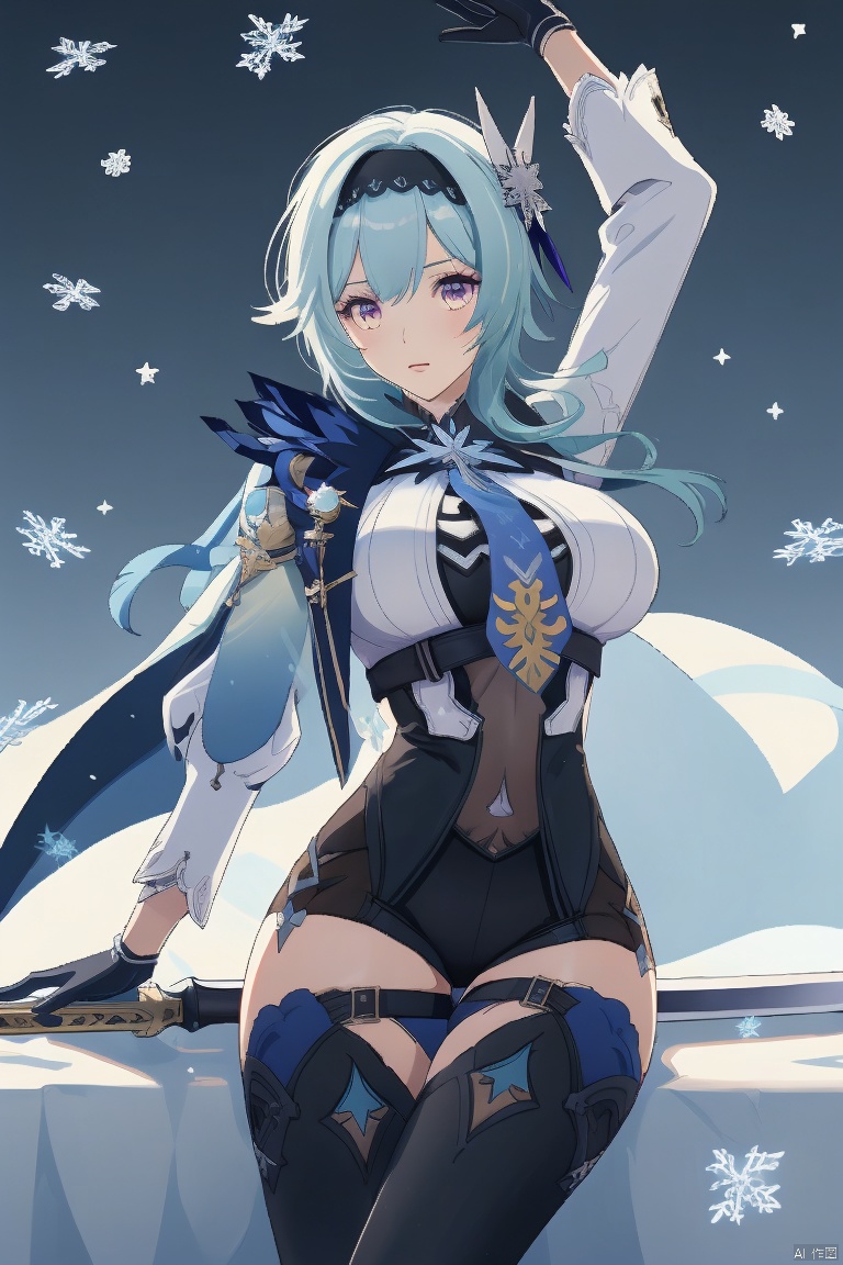 eula, 1girl, eula \(genshin impact\), breasts, solo, blue hair, thighhighs, hairband, gloves, looking at viewer, weapon, large breasts, snowflakes, necktie, black hairband, hair ornament, thighs, bangs, long sleeves, sword, medium hair, blue necktie, cape, black gloves, leotard, boots, bodystocking, thigh boots, black thighhighs, vision \(genshin impact\), purple eyes, yellow eyes, arm up, leg up
