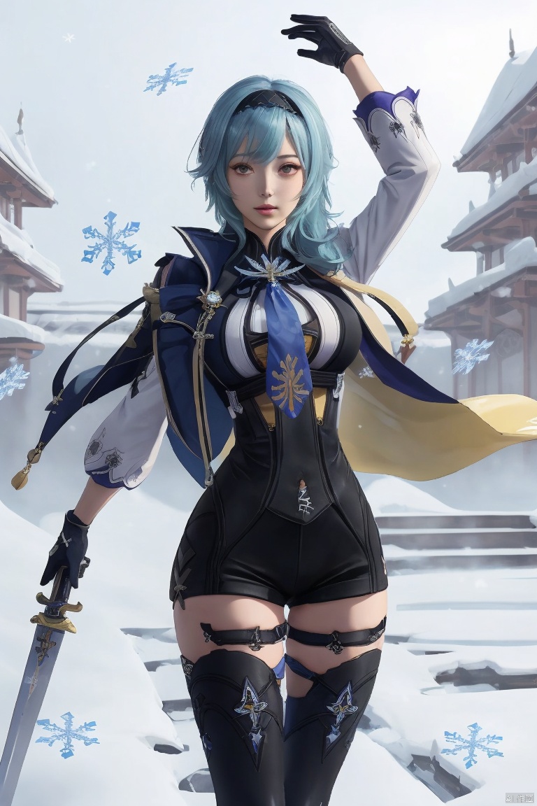 eula, 1girl, eula \(genshin impact\), breasts, solo, blue hair, thighhighs, hairband, gloves, looking at viewer, weapon, large breasts, snowflakes, necktie, black hairband, hair ornament, thighs, bangs, long sleeves, sword, medium hair, blue necktie, cape, black gloves, leotard, boots, bodystocking, thigh boots, black thighhighs, vision \(genshin impact\), purple eyes, yellow eyes, arm up, leg up