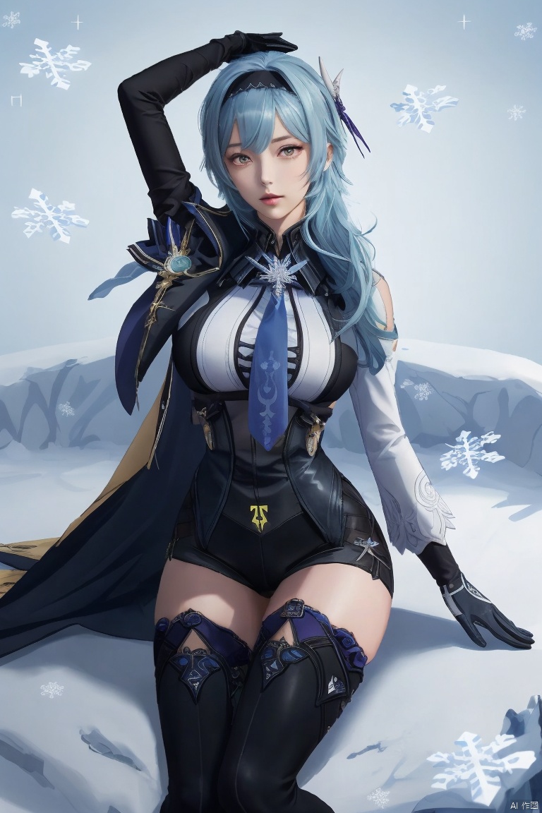 eula, 1girl, eula \(genshin impact\), breasts, solo, blue hair, thighhighs, hairband, gloves, looking at viewer, weapon, large breasts, snowflakes, necktie, black hairband, hair ornament, thighs, bangs, long sleeves, sword, medium hair, blue necktie, cape, black gloves, leotard, boots, bodystocking, thigh boots, black thighhighs, vision \(genshin impact\), purple eyes, yellow eyes, arm up, leg up