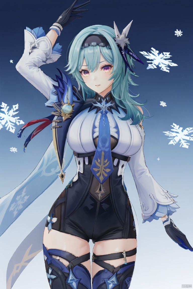 eula, 1girl, eula \(genshin impact\), breasts, solo, blue hair, thighhighs, hairband, gloves, looking at viewer, weapon, large breasts, snowflakes, necktie, black hairband, hair ornament, thighs, bangs, long sleeves, sword, medium hair, blue necktie, cape, black gloves, leotard, boots, bodystocking, thigh boots, black thighhighs, vision \(genshin impact\), purple eyes, yellow eyes, arm up, leg up