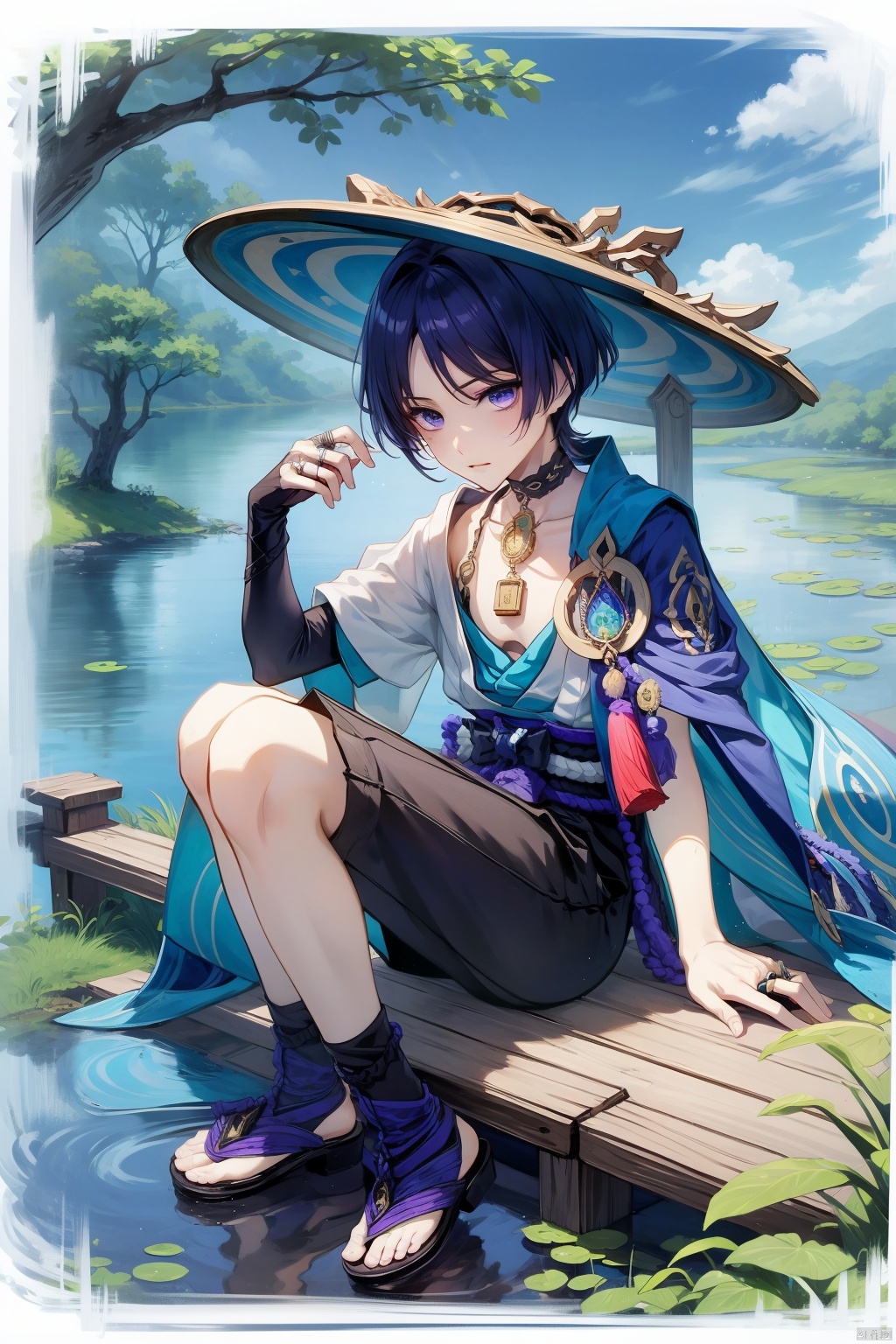 scaramouche, pom pom \(clothes\), 1boy, scaramouche \(genshin impact\), shirt, vision \(genshin impact\), jingasa, bangs, blue gemstone, black shirt, hat, male focus, short sleeves, short hair, blunt ends, leaf, vest, closed mouth, sleeveless shirt, gem, sitting, black shorts, blue headwear, water, shorts, purple eyes, branch, sandals, bird, jewelry, gold, mandarin collar, open vest, lake, solo, sky, ring, flower, sleeveless, looking to the side, necklace, black bow, outdoors, open clothes, hand up, black footwear, bow, arm up, lily pad, hair between eyes, hand on headwear, tree, blue sky, official alternate costume, grass, grey vest, socks, black belt, purple hair, toenails, blue vest, grey socks, white vest, artist name, belt, blue hair, collarbone, cloud, purple belt, wide sleeves, parted bangs, tassel, white socks, bridal gauntlets, fingernails, mountain