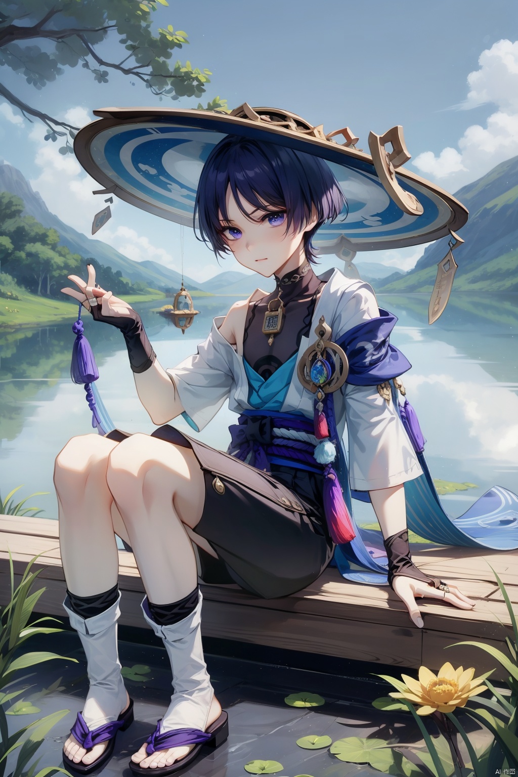 scaramouche, pom pom \(clothes\), 1boy, scaramouche \(genshin impact\), shirt, vision \(genshin impact\), jingasa, bangs, blue gemstone, black shirt, hat, male focus, short sleeves, short hair, blunt ends, leaf, vest, closed mouth, sleeveless shirt, gem, sitting, black shorts, blue headwear, water, shorts, purple eyes, branch, sandals, bird, jewelry, gold, mandarin collar, open vest, lake, solo, sky, ring, flower, sleeveless, looking to the side, necklace, black bow, outdoors, open clothes, hand up, black footwear, bow, arm up, lily pad, hair between eyes, hand on headwear, tree, blue sky, official alternate costume, grass, grey vest, socks, black belt, purple hair, toenails, blue vest, grey socks, white vest, artist name, belt, blue hair, collarbone, cloud, purple belt, wide sleeves, parted bangs, tassel, white socks, bridal gauntlets, fingernails, mountain