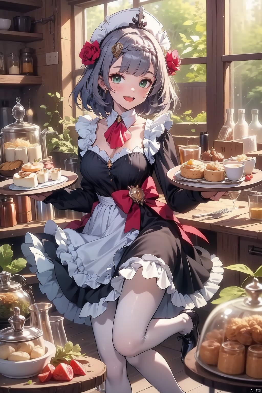 noelle, 1girl, noelle \(genshin impact\), solo, smile, green eyes, looking at viewer, pantyhose, food, open mouth, braid, white pantyhose, long sleeves, dress, short hair, holding, hair ornament, bangs, :d, grey hair, apron, flower, cup, maid headdress, hair flower, black dress, breasts, rose, black footwear, indoors, frills, blush, ascot, maid, window, red ascot, plate, tray, white headwear, white apron
