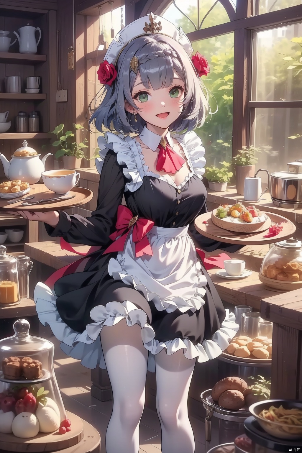 noelle, 1girl, noelle \(genshin impact\), solo, smile, green eyes, looking at viewer, pantyhose, food, open mouth, braid, white pantyhose, long sleeves, dress, short hair, holding, hair ornament, bangs, :d, grey hair, apron, flower, cup, maid headdress, hair flower, black dress, breasts, rose, black footwear, indoors, frills, blush, ascot, maid, window, red ascot, plate, tray, white headwear, white apron