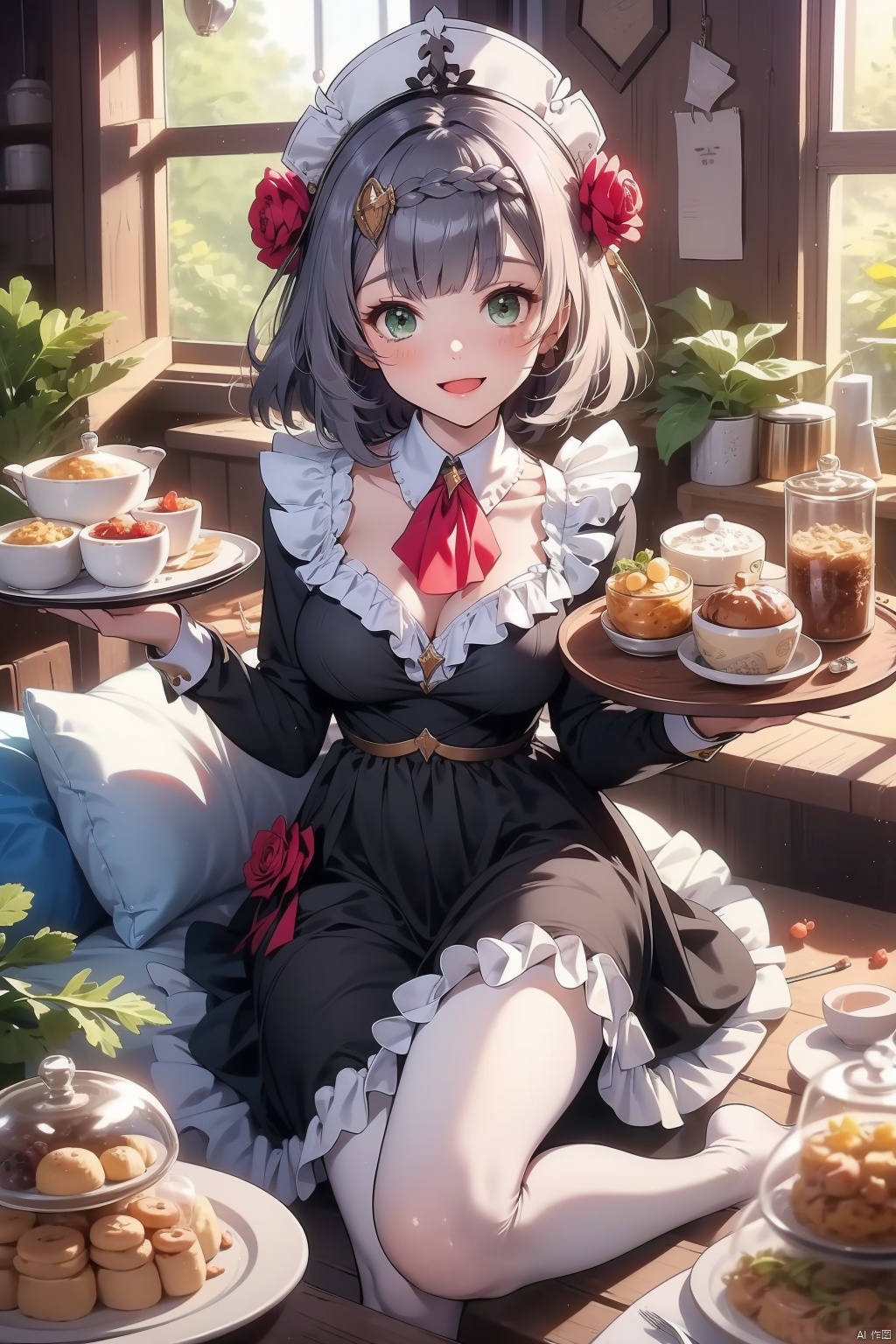 noelle, 1girl, noelle \(genshin impact\), solo, smile, green eyes, looking at viewer, pantyhose, food, open mouth, braid, white pantyhose, long sleeves, dress, short hair, holding, hair ornament, bangs, :d, grey hair, apron, flower, cup, maid headdress, hair flower, black dress, breasts, rose, black footwear, indoors, frills, blush, ascot, maid, window, red ascot, plate, tray, white headwear, white apron