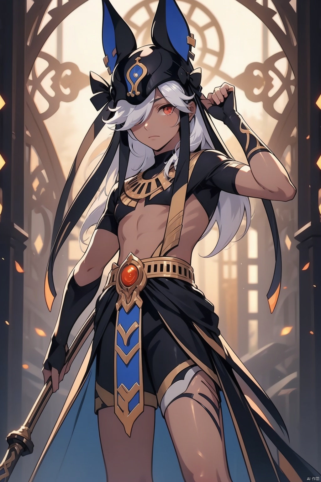cyno, 1boy, male focus, animal hat, solo, long hair, holding polearm, holding, hair over one eye, dark-skinned male, white hair, weapon, hat, polearm, black headwear, holding weapon, bangs, animal ears, dark skin, jackal ears, closed mouth, red eyes, arm up, arabian clothes, shorts, black shorts, black choker, one eye covered, looking at viewer, choker, gloves, short sleeves, spear, black ribbon, fingernails, bridal gauntlets, sidelocks, fingerless gloves, black gloves, standing