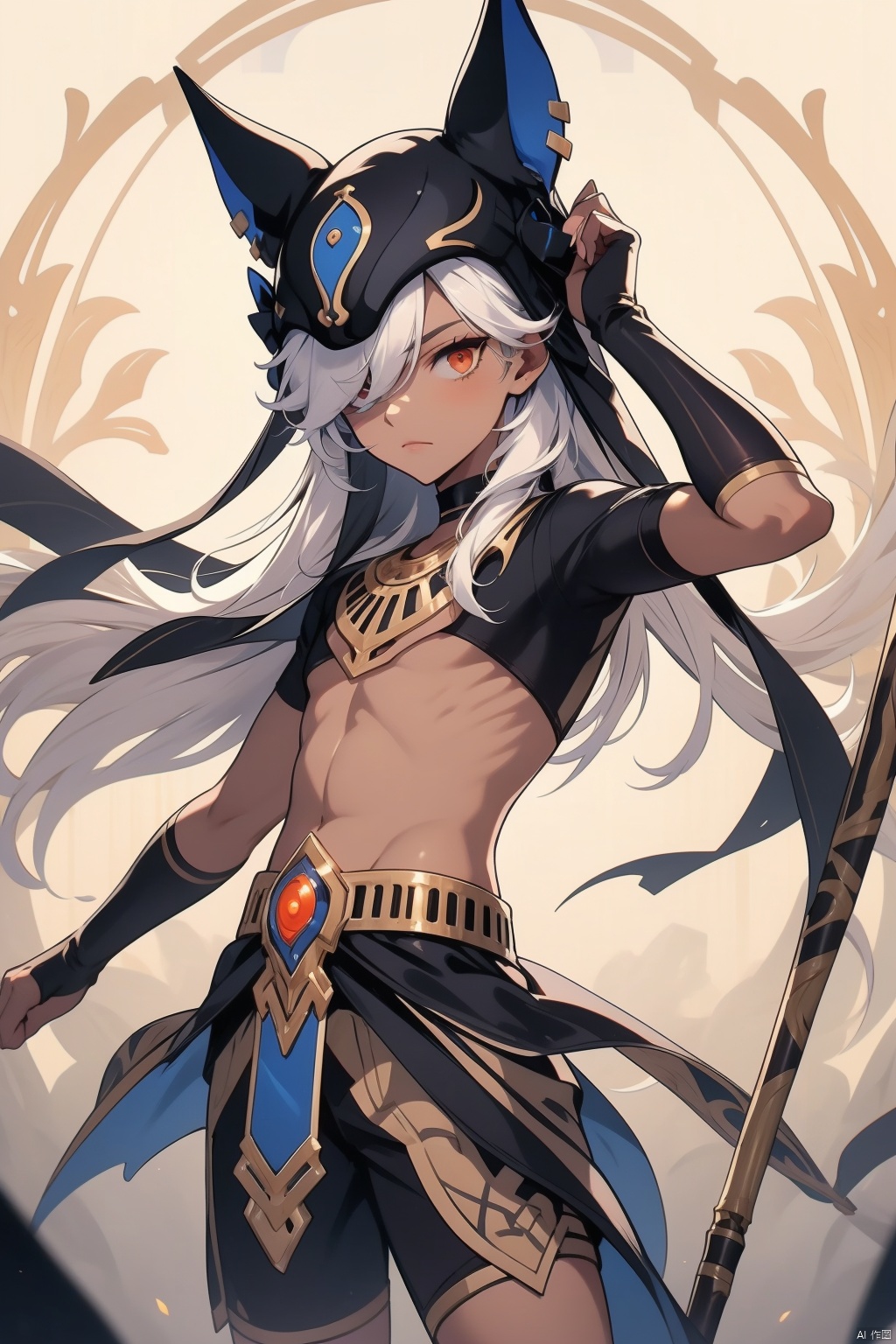 cyno, 1boy, male focus, animal hat, solo, long hair, holding polearm, holding, hair over one eye, dark-skinned male, white hair, weapon, hat, polearm, black headwear, holding weapon, bangs, animal ears, dark skin, jackal ears, closed mouth, red eyes, arm up, arabian clothes, shorts, black shorts, black choker, one eye covered, looking at viewer, choker, gloves, short sleeves, spear, black ribbon, fingernails, bridal gauntlets, sidelocks, fingerless gloves, black gloves, standing