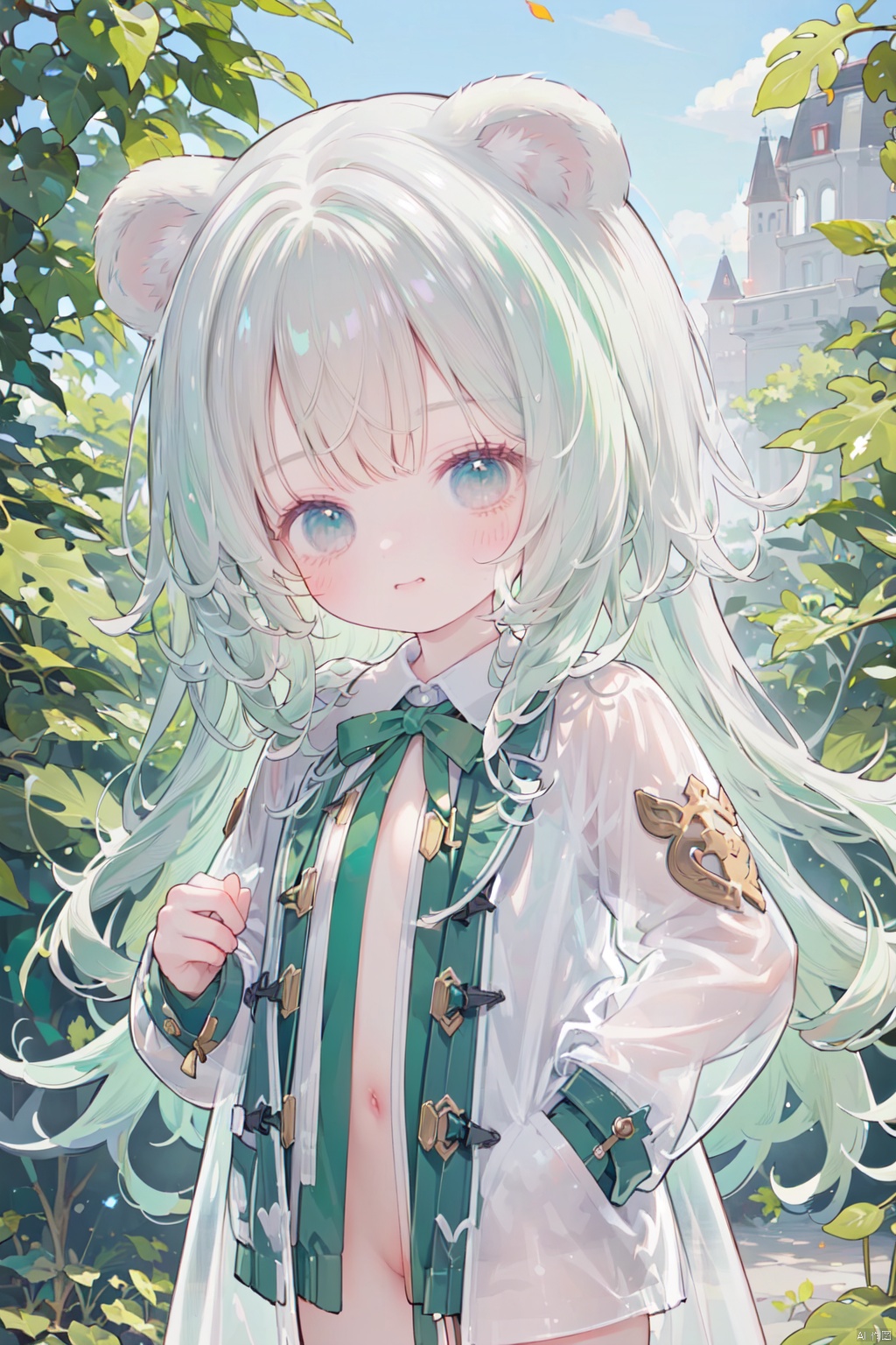  ((nsfw:1.2)),upper shot,(brench open coat only:1.1),see-through-brench-coat,(transparent clothes),(naked:1.2),(put both hands into pockets:1.2),best-quality,green eyes,(surrounding giant leaves:1.1),(falling giant leaves),1little child,smirk,(child:1.2),petite,cuteloli,(bear ears),green hair ,(green inner hair), long hair
, none