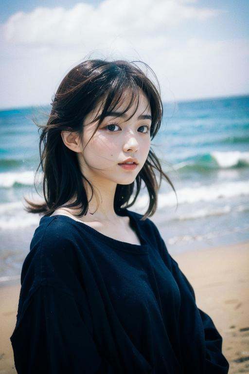 a beautiful young girl with floating hair in oversized clothes at beach,  masterpiece of portrait photography taken on FUJ...