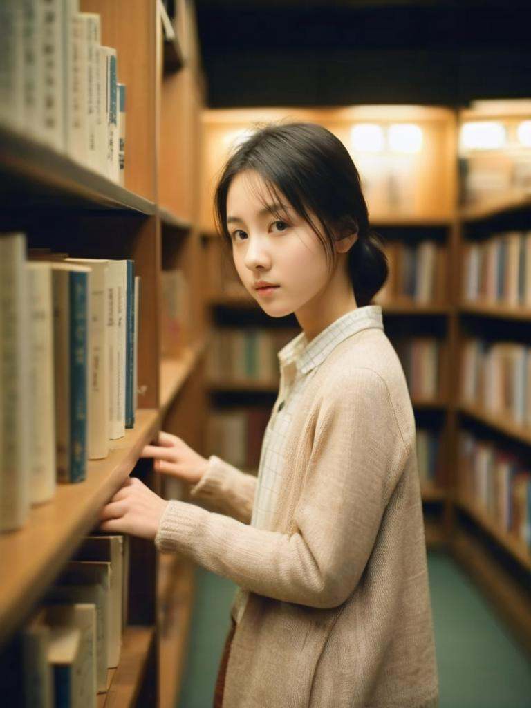 a masterpiece of film Photography,  a girl in the library,  looking at viewer by izitn on Tensor.Art