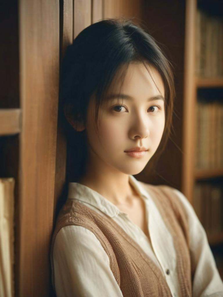 a masterpiece of film Photography,  a girl in the library,  looking at viewer by izitn on Tensor.Art