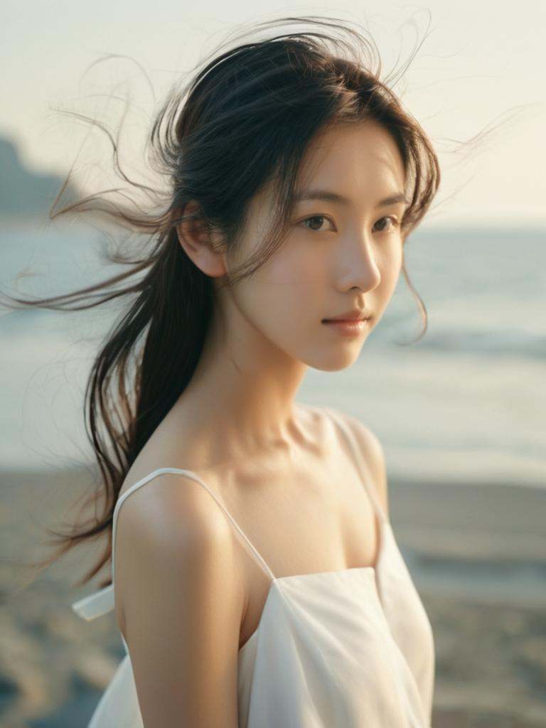 a masterpiece of film Photography,  a girl by the sea with floating hair and bare shoulders in a canonicals,  looking at v...