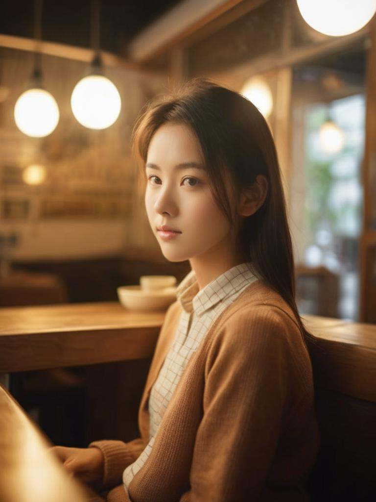 a masterpiece of film Photography,  a girl in the cafe,  looking at viewer by izitn on Tensor.Art