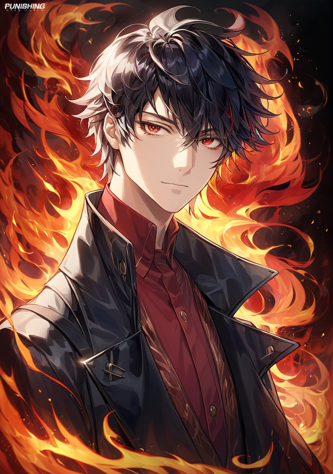 a powerful and charismatic portrait of a confident and stylish man in a black coat and red shirt,  with a bold and enigmat...