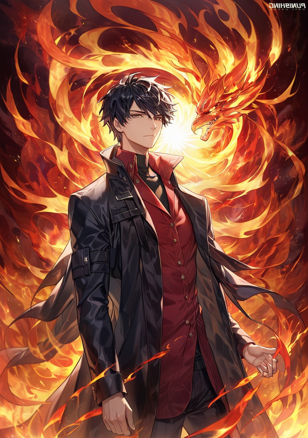 a powerful and charismatic portrait of a confident and stylish man in a black coat and red shirt,  with a bold and enigmat...