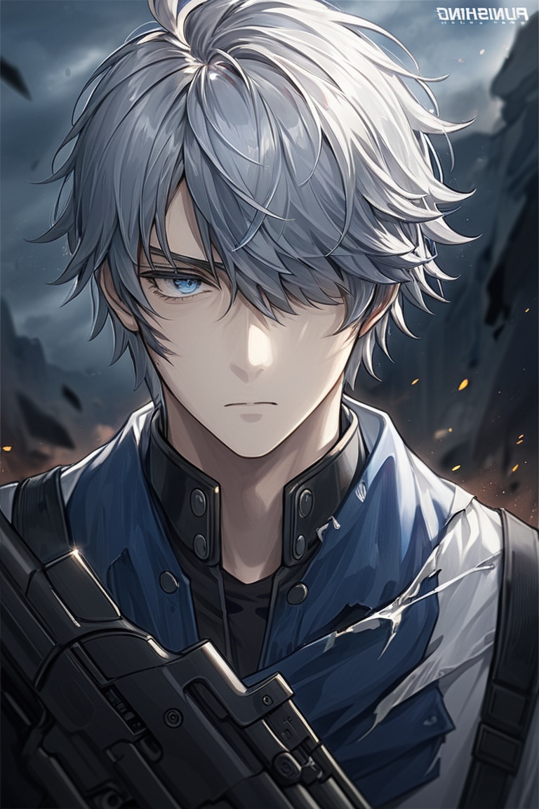 a dramatic digital illustration of a solitary male with short,  white and grey hair,  intense blue and grey eyes on Tensor...