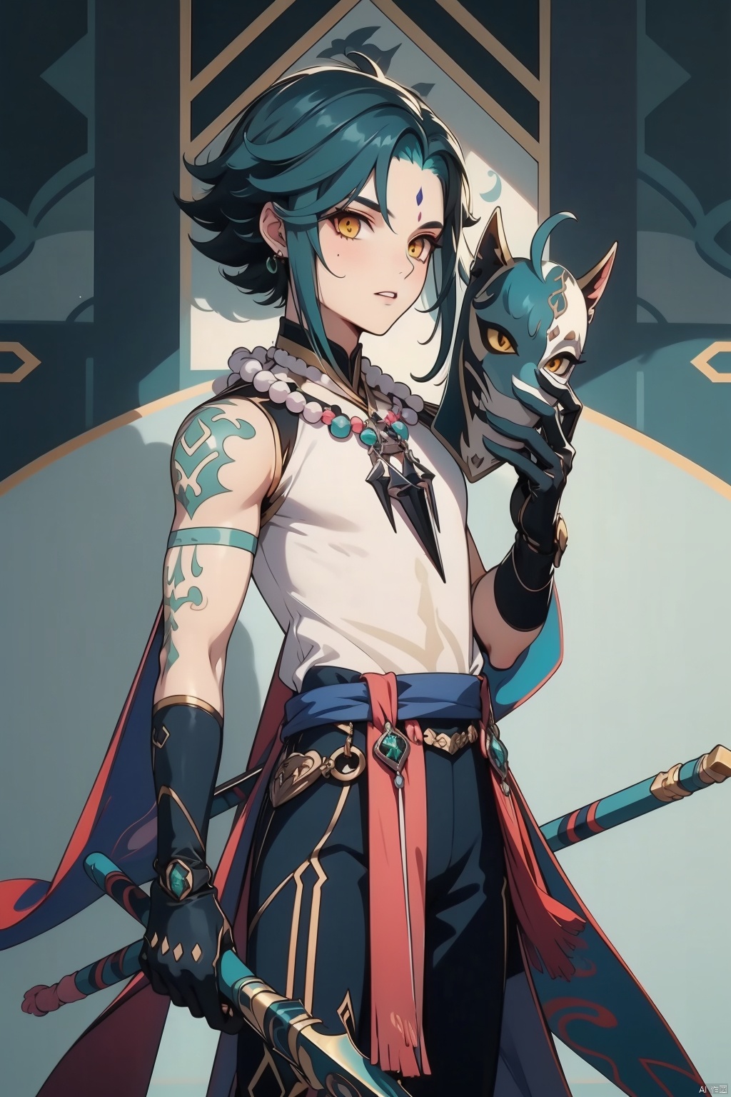 xiao, xiao \(genshin impact\), solo, male focus, 1boy, holding, jewelry, yellow eyes, gloves, weapon, tattoo, necklace, multicolored hair, beads, mask, polearm, holding weapon, green hair, facial mark, ahoge, bead necklace, looking at viewer, forehead mark, arm tattoo, holding polearm, spear, parted lips, black hair, bangs, holding mask, black gloves, sleeveless, vision \(genshin impact\)