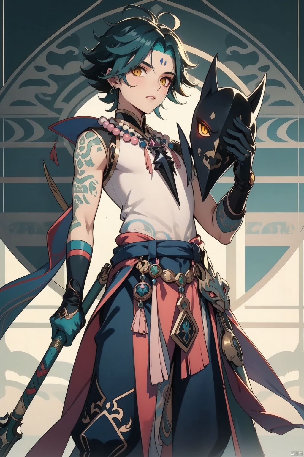 xiao, xiao \(genshin impact\), solo, male focus, 1boy, holding, jewelry, yellow eyes, gloves, weapon, tattoo, necklace, multicolored hair, beads, mask, polearm, holding weapon, green hair, facial mark, ahoge, bead necklace, looking at viewer, forehead mark, arm tattoo, holding polearm, spear, parted lips, black hair, bangs, holding mask, black gloves, sleeveless, vision \(genshin impact\)