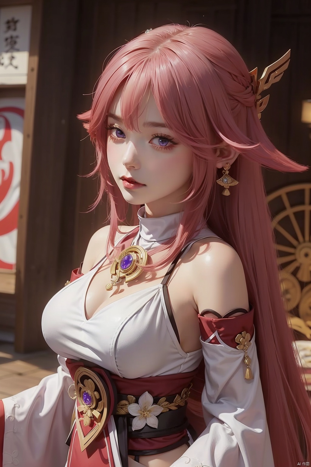 yae miko, 1girl, solo, breasts, pink hair, purple eyes, long hair, looking at viewer, detached sleeves, hair between eyes, bare shoulders, wide sleeves, japanese clothes, large breasts, hair ornament, upper body, bangs, closed mouth, vision \(genshin impact\), long sleeves, blush, jewelry, fox ears