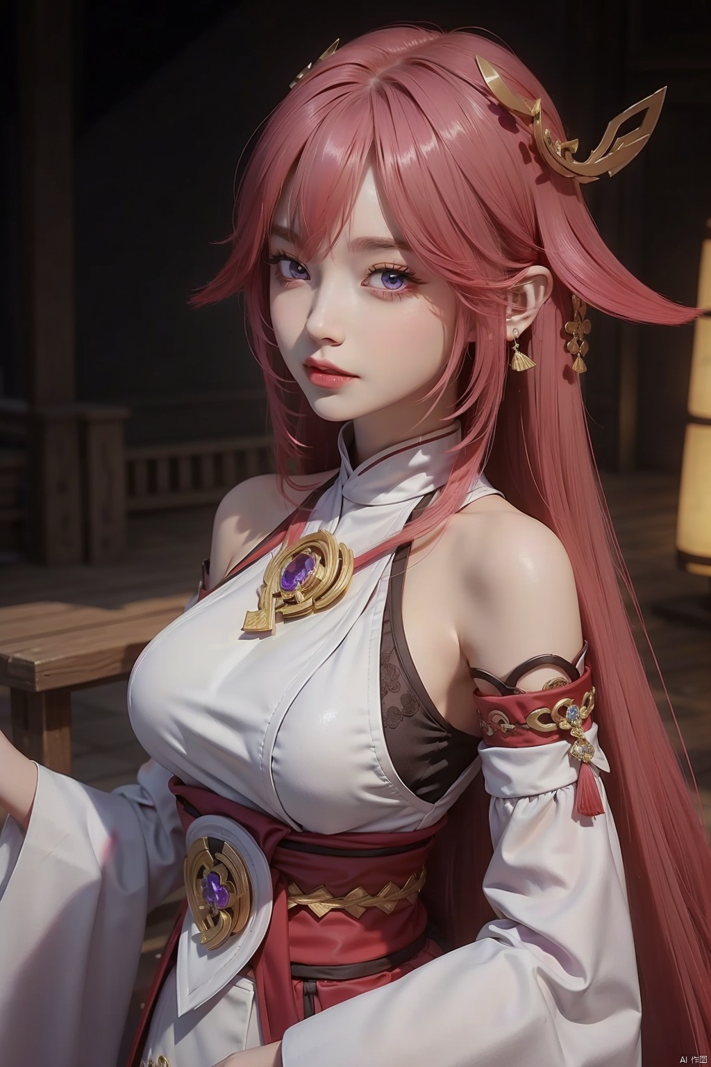 yae miko, 1girl, solo, breasts, pink hair, purple eyes, long hair, looking at viewer, detached sleeves, hair between eyes, bare shoulders, wide sleeves, japanese clothes, large breasts, hair ornament, upper body, bangs, closed mouth, vision \(genshin impact\), long sleeves, blush, jewelry, fox ears