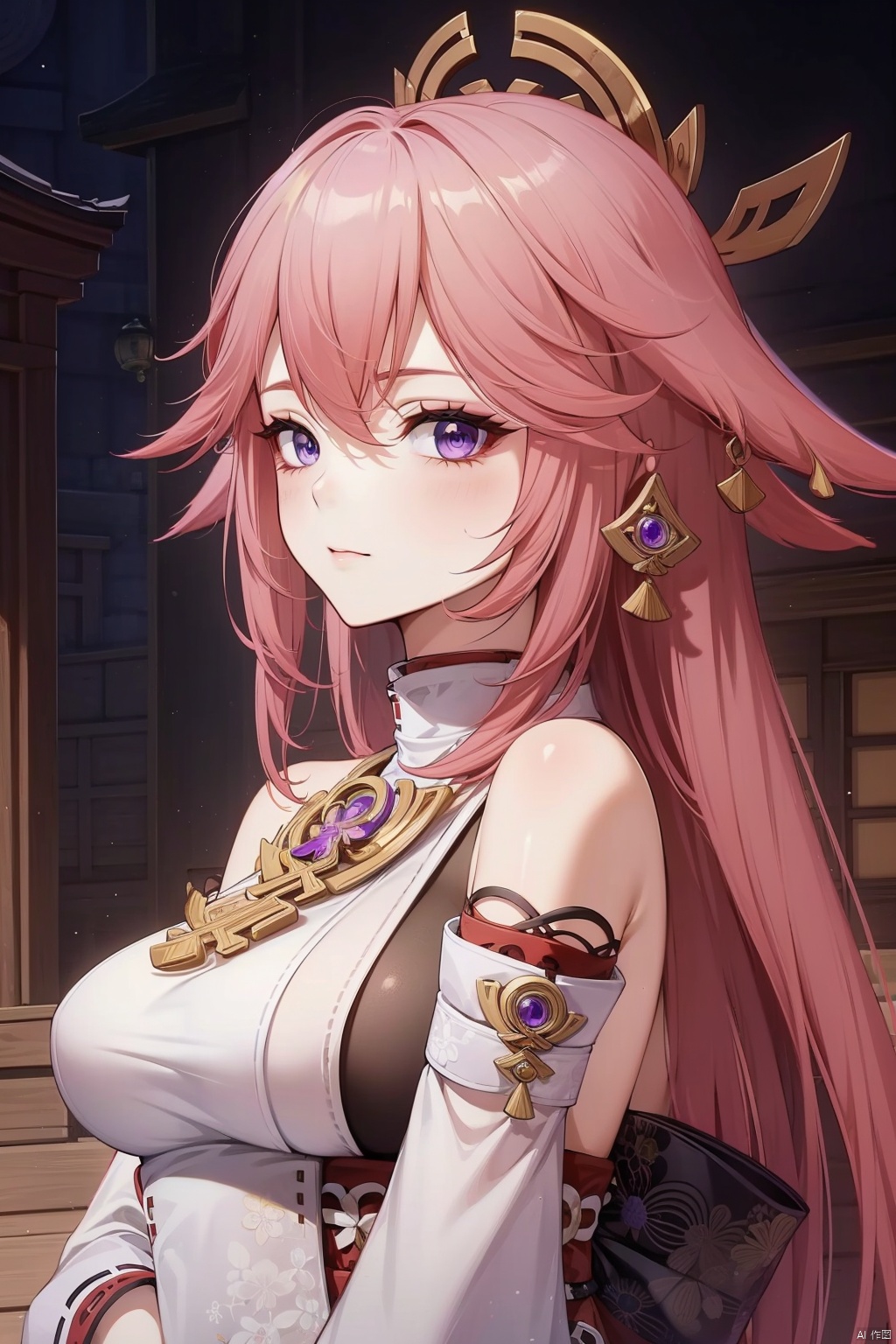  yae miko, 1girl, solo, breasts, pink hair, purple eyes, long hair, looking at viewer, detached sleeves, hair between eyes, bare shoulders, wide sleeves, japanese clothes, large breasts, hair ornament, upper body, bangs, closed mouth, vision \(genshin impact\), long sleeves, blush, jewelry, fox ears