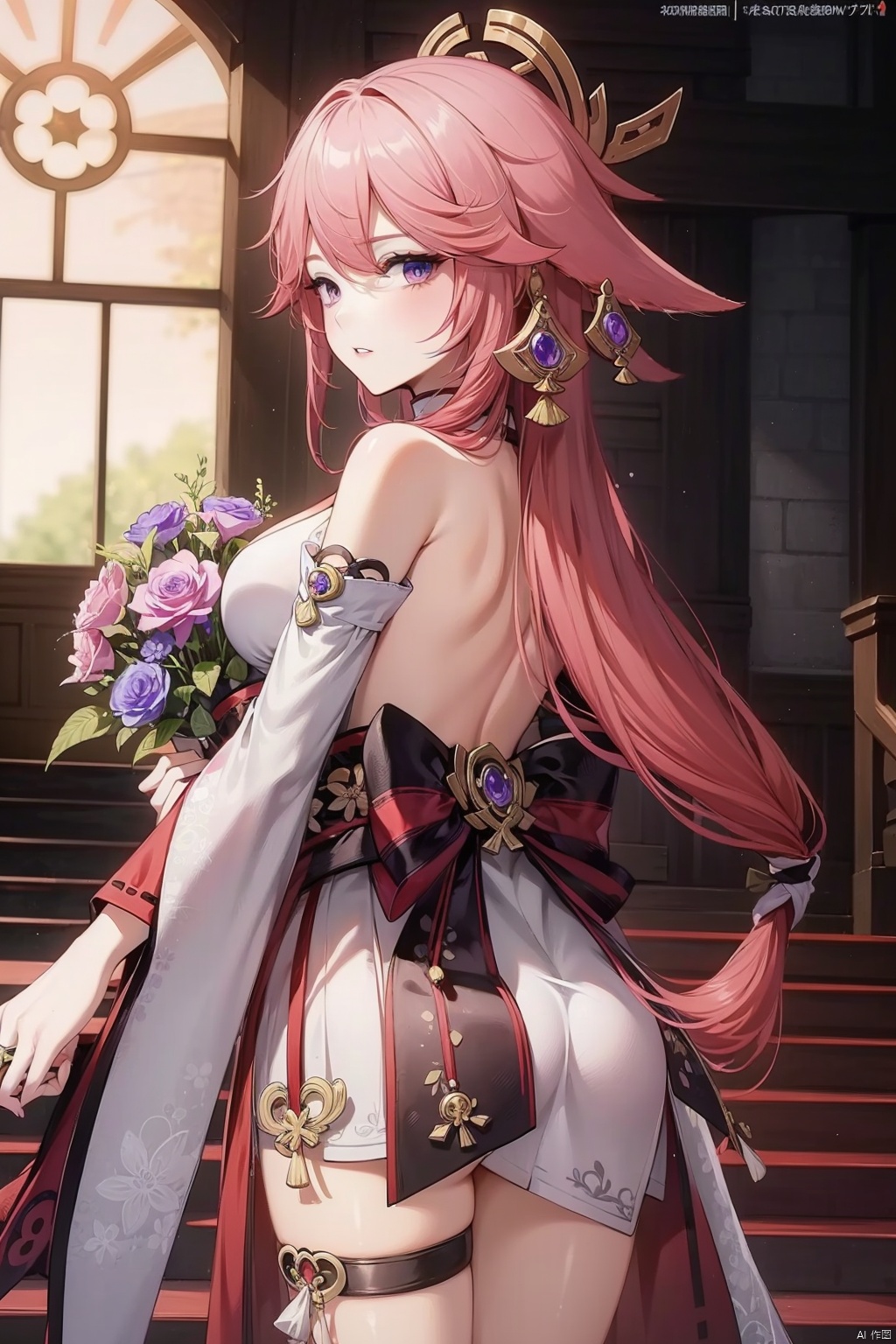 yae miko, 1girl, black flower, flower, black rose, hair ornament, solo, long hair, breasts, dress, bouquet, purple eyes, stairs, black dress, looking at viewer, hair flower, jewelry, fox ears, earrings, backless outfit, animal ears, alternate costume, rose, bangs, holding, large breasts, pink hair, bare back, floppy ears, holding bouquet, indoors, cowboy shot, hair between eyes, backless dress, thigh strap, side slit, detached sleeves, from behind, very long hair, bare shoulders, median furrow, vision \(genshin impact\), sidelocks, lace trim, back, closed mouth, lace-trimmed dress, ass, ringlets, see-through, drill hair, thighs, shoulder blades, from side, parted lips, skindentation, purple flower, looking back, white flower, ribbon, purple gemstone