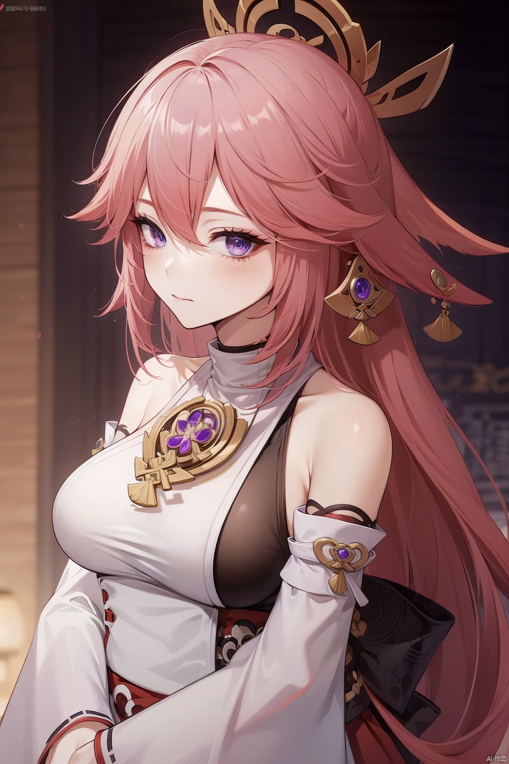  yae miko, 1girl, solo, breasts, pink hair, purple eyes, long hair, looking at viewer, detached sleeves, hair between eyes, bare shoulders, wide sleeves, japanese clothes, large breasts, hair ornament, upper body, bangs, closed mouth, vision \(genshin impact\), long sleeves, blush, jewelry, fox ears
