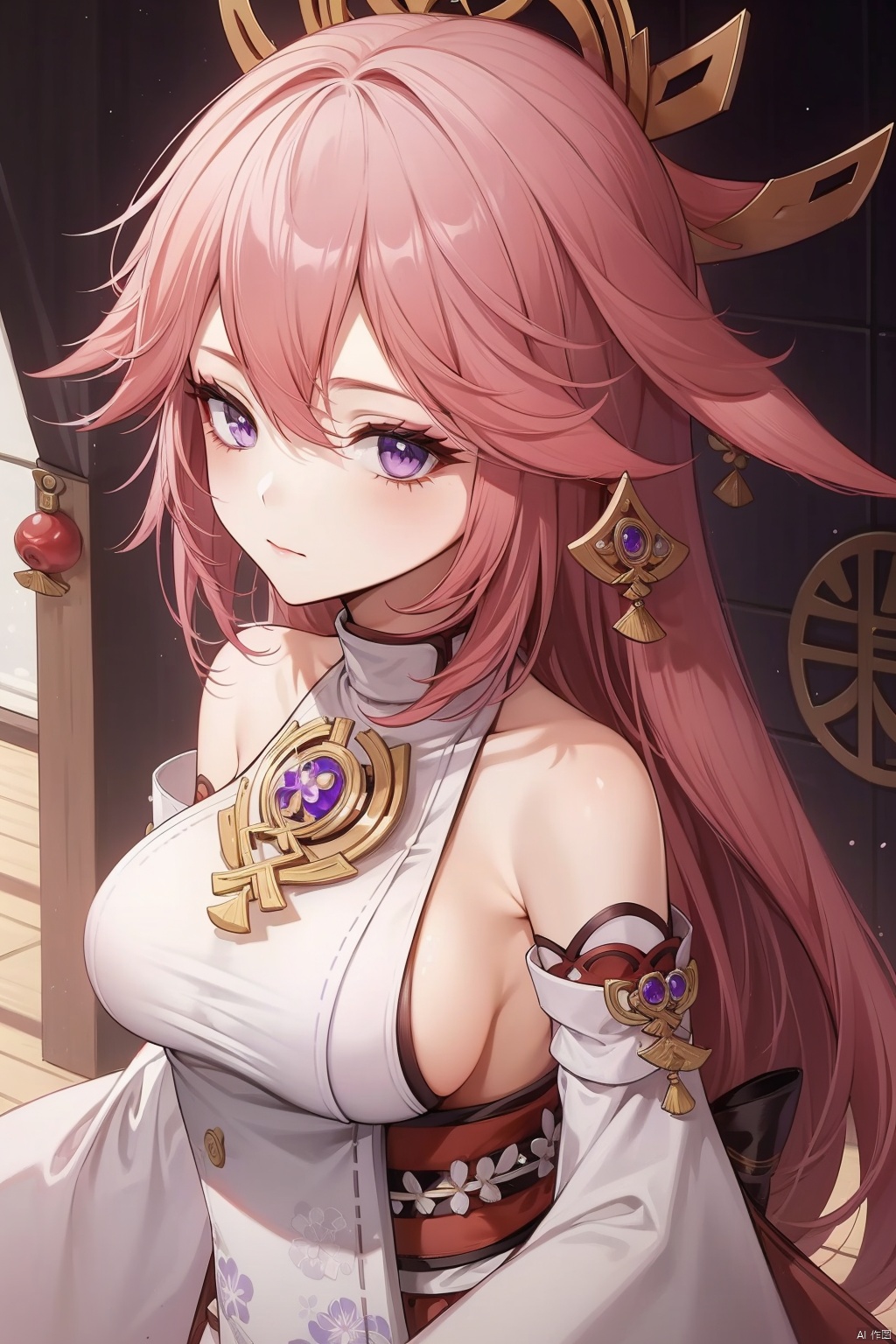  yae miko, 1girl, solo, breasts, pink hair, purple eyes, long hair, looking at viewer, detached sleeves, hair between eyes, bare shoulders, wide sleeves, japanese clothes, large breasts, hair ornament, upper body, bangs, closed mouth, vision \(genshin impact\), long sleeves, blush, jewelry, fox ears