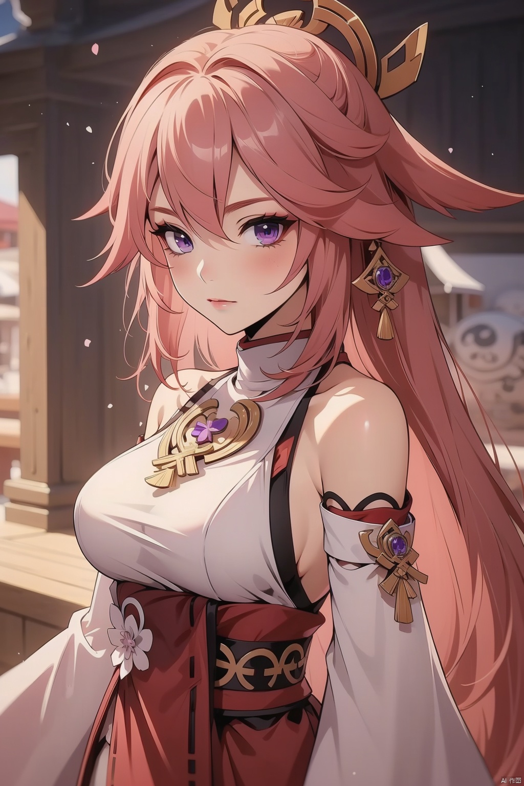 yae miko, 1girl, solo, breasts, pink hair, purple eyes, long hair, looking at viewer, detached sleeves, hair between eyes, bare shoulders, wide sleeves, japanese clothes, large breasts, hair ornament, upper body, bangs, closed mouth, vision \(genshin impact\), long sleeves, blush, jewelry, fox ears