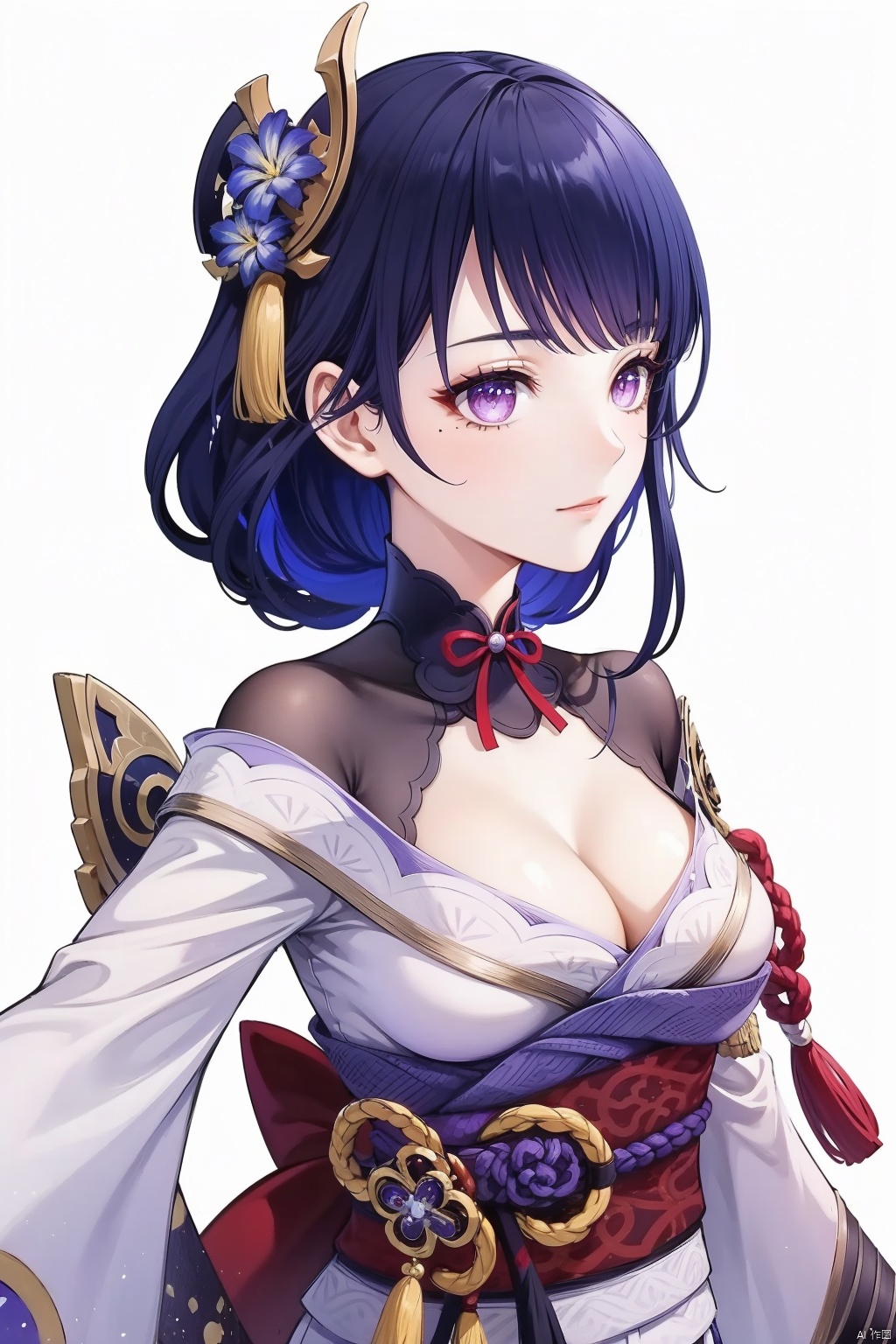  raiden shogun, solo, 1girl, breasts, long hair, looking at viewer, purple eyes, japanese clothes, cleavage, purple hair, white background, bangs, sash, hair ornament, braid, obi, ribbon, obiage, kimono, simple background, closed mouth, armor, shoulder armor, purple flower, obijime, tassel, wide sleeves, long sleeves, flower, bridal gauntlets, mole under eye, mole, large breasts, floral print, tomoe \(symbol\)