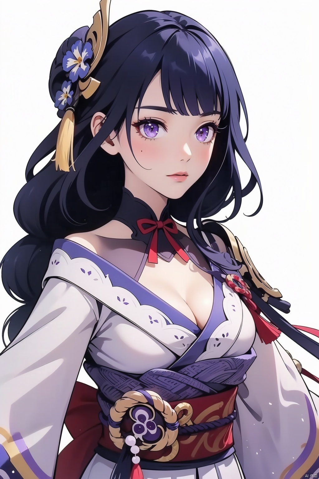  raiden shogun, solo, 1girl, breasts, long hair, looking at viewer, purple eyes, japanese clothes, cleavage, purple hair, white background, bangs, sash, hair ornament, braid, obi, ribbon, obiage, kimono, simple background, closed mouth, armor, shoulder armor, purple flower, obijime, tassel, wide sleeves, long sleeves, flower, bridal gauntlets, mole under eye, mole, large breasts, floral print, tomoe \(symbol\)