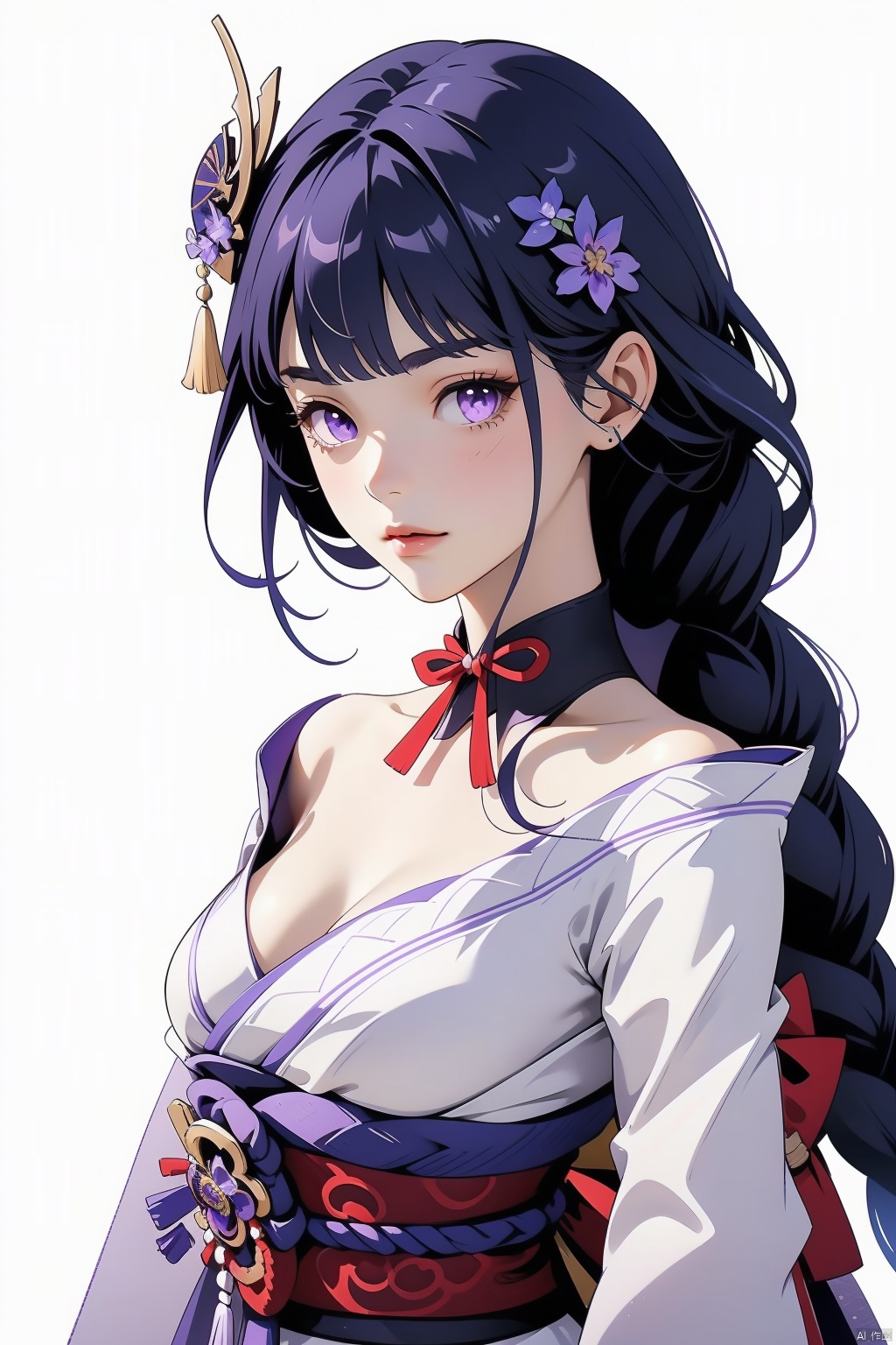 raiden shogun, solo, 1girl, breasts, long hair, looking at viewer, purple eyes, japanese clothes, cleavage, purple hair, white background, bangs, sash, hair ornament, braid, obi, ribbon, obiage, kimono, simple background, closed mouth, armor, shoulder armor, purple flower, obijime, tassel, wide sleeves, long sleeves, flower, bridal gauntlets, mole under eye, mole, large breasts, floral print, tomoe \(symbol\)