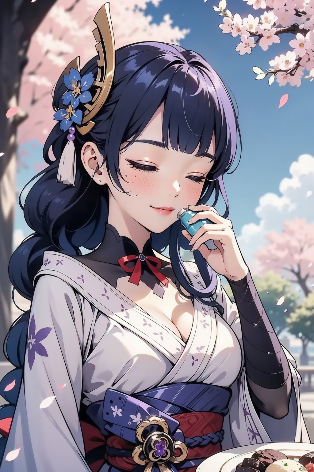 raiden shogun, 1girl, food, sash, japanese clothes, breasts, obi, hand on own face, wagashi, closed eyes, purple hair, solo, hand on own cheek, cleavage, hair ornament, bridal gauntlets, bottle, obiage, kimono, obijime, armor, bangs, mole under eye, tomoe \(symbol\), blush, smile, holding, mitsudomoe \(shape\), dango, sparkle, cherry blossoms, sky, day, outdoors, mole, onigiri, wide sleeves, plate, blurry, eating, long hair, cup, ^_^, long sleeves, petals, blunt bangs, shoulder armor, cloud, vision \(genshin impact\), tree, closed mouth, purple kimono, blue sky, facing viewer, holding bottle, braid, large breasts